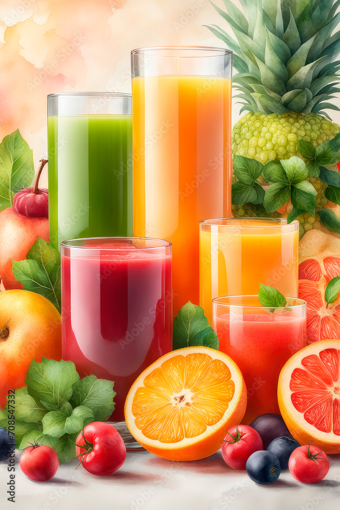 Watercolor various freshly squeezed fruits and vegetables juices and their ingredients with on a table. Watercolor various freshly squeezed fruits and vegetables juices and their ingredients with on a table.