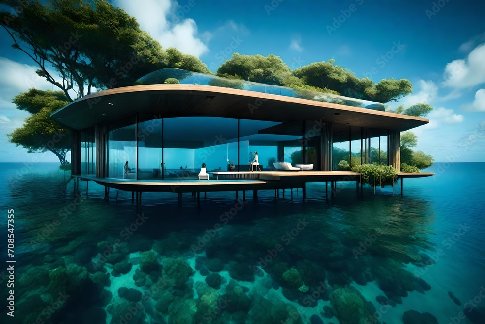 A floating, self-sustaining eco-home designed to blend seamlessly with the natural beauty of the open ocean.