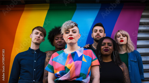 LGBTQ+ community People standing in front of a colorful rainbow background Generation Z