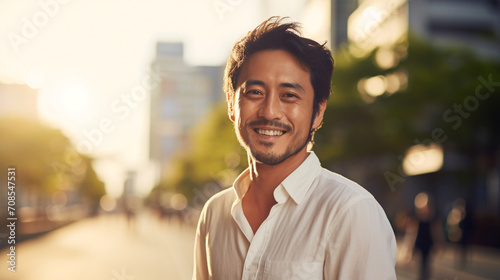 街で爽やかに微笑む中年男性　AI生成画像 photo