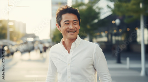 街で爽やかに微笑む中年男性　AI生成画像 photo