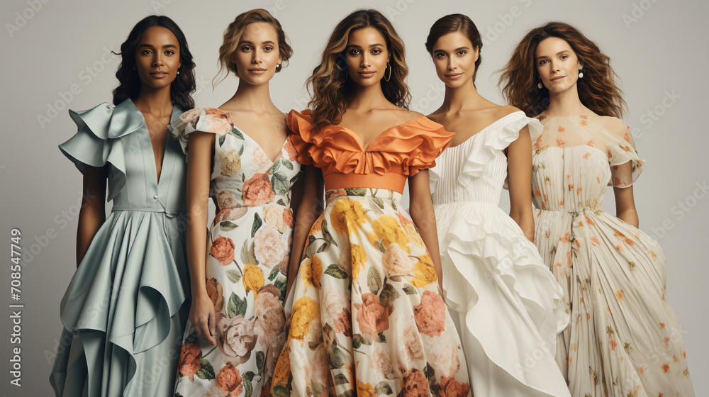 group of women, five dresses haute couture high fashion models isolated on white background, Valentine day, International Women day, 8 March, 14 February, Easter, Mother day, birthday party group of women, five dresses haute couture high fashion models isolated on white background, Valentine day, International Women day, 8 March, 14 February, Easter, Mother day, birthday party