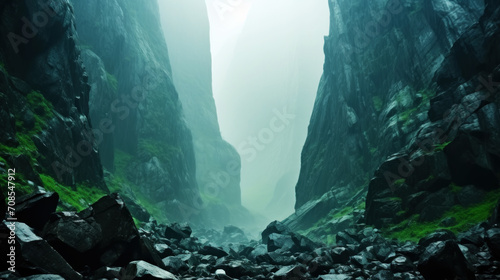 Detailed shooting of vertical green rocks on both sides of the canyon. Atmospheric and moody lighting. Generative AI photo