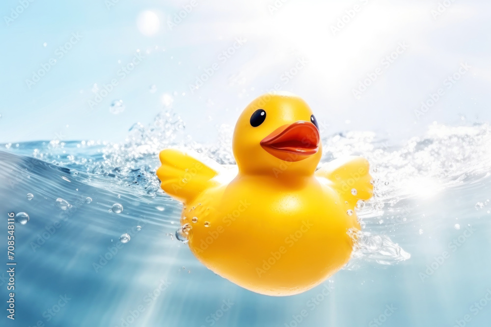 Close-up of a small yellow duck in clear water. Cute children rubber toy and water splashes. Created using generative AI. Close-up of a small yellow duck in clear water. Cute children rubber toy and water splashes. Created using generative AI.