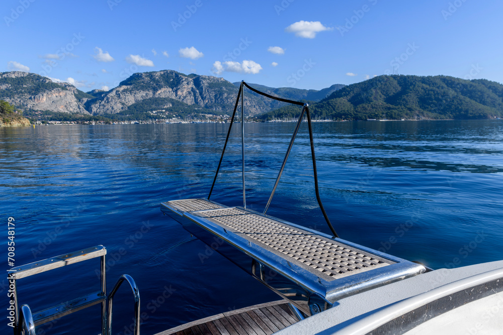 Super yacht wooden boarding gangway. Yacht ladder. Passerelle.