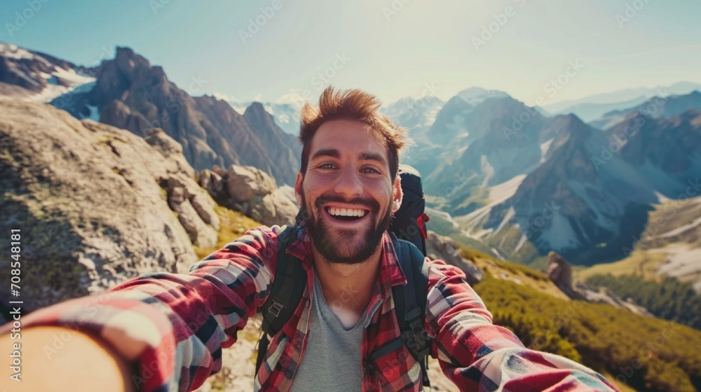 Smiling man capturing a selfie with a mountainous landscape, the breathtaking scenery complementing his joyful expression