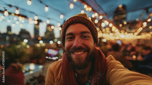 Smiling man capturing a selfie at a rooftop party  the city lights and festive atmosphere creating a lively backdrop