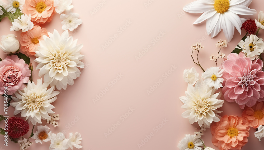Mother day. Framed flowers isolated on pink background top view. Mixed flower arrangements. Blooms for mom. Copy space. Wedding concept. Bride beautiful bouquet. Birthday, Valentine day. Banner