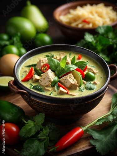 Thai green curry with chicken, canned coconut milk, fresh herbs, and lime. Cinematic food photography 