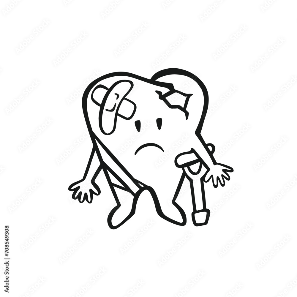 Fototapeta premium sad character tooth sick broken, oral hygiene, outline vector