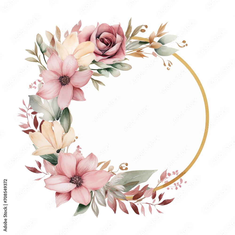 Round Wreath, golden floral frame, watercolor flowers, pink roses, Illustration. Isolated on a transparent background. Perfectly for greeting card design, wedding stationery invitation