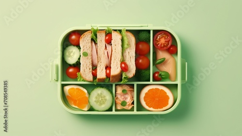 Colorful Lunchbox Arrangement: Tasty Freshness, Berries, and More on Soft Green Background - Ideal for Healthy Eating Campaigns, School Nutrition Concepts