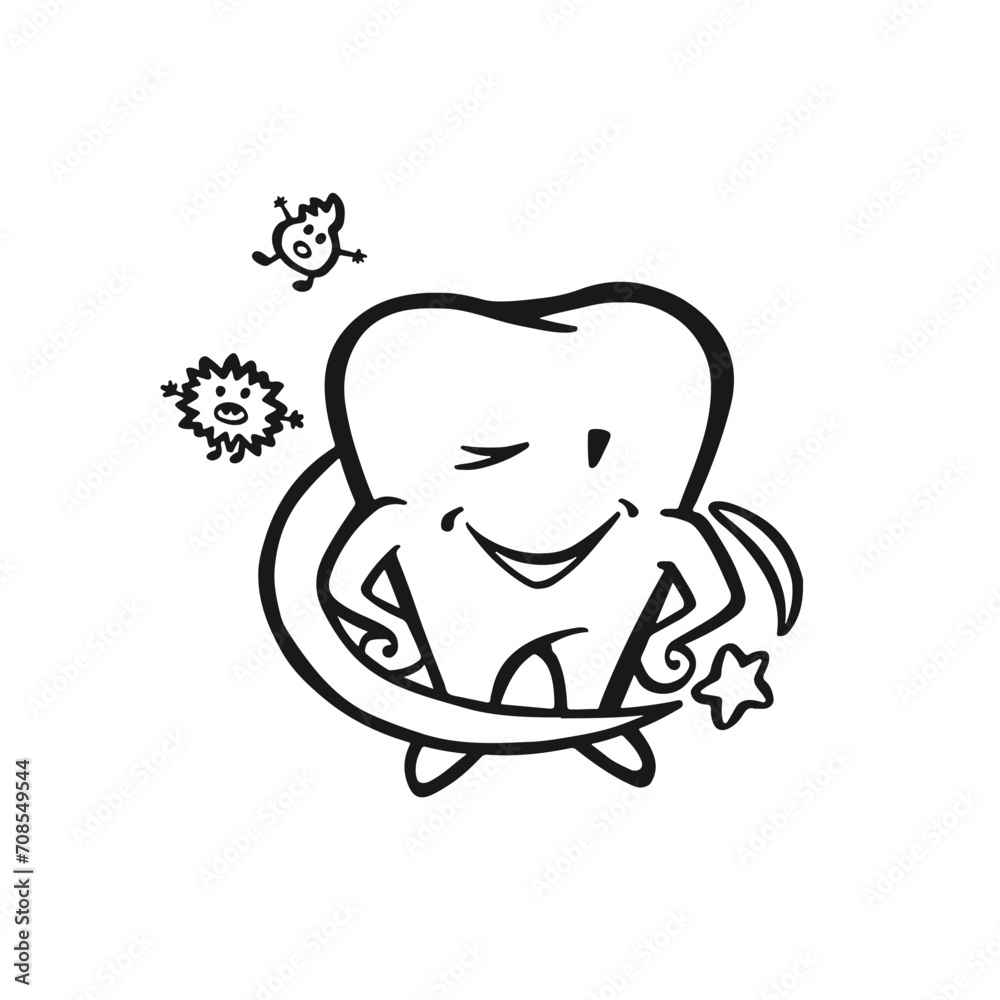 happy character tooth protected from bacteria, oral hygiene, outline vector