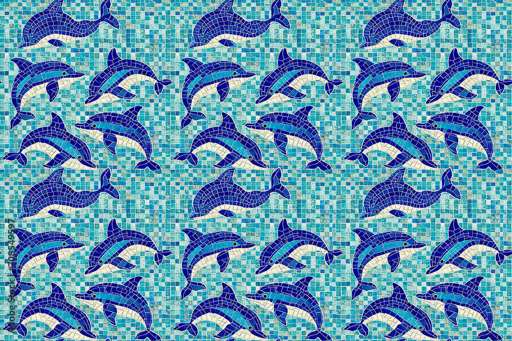 Seamless pattern of mosaic dolphins on a blue tiled background