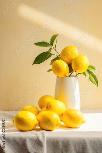 Lemons on table top still life, minimal style.