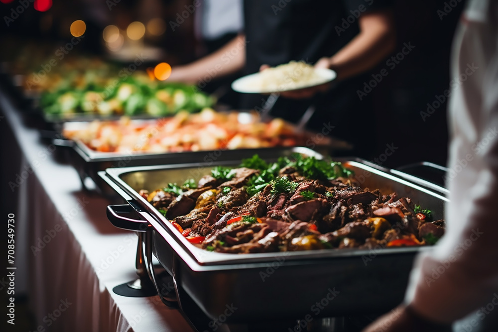 Group of people on catering buffet food indoor in restaurant with grilled meat. Buffet service for any festive event, party or wedding reception - obrazy, fototapety, plakaty 