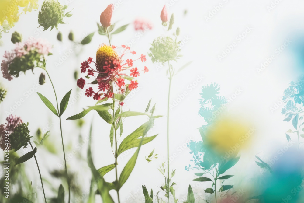 Illustration of realistic wildflowers in a meadow. Different types of flowering plants