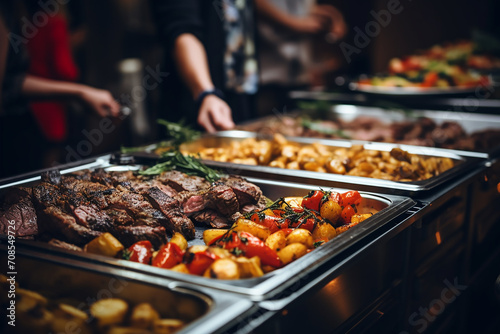Group of people on catering buffet food indoor in restaurant with grilled meat. Buffet service for any festive event, party or wedding reception © Saim