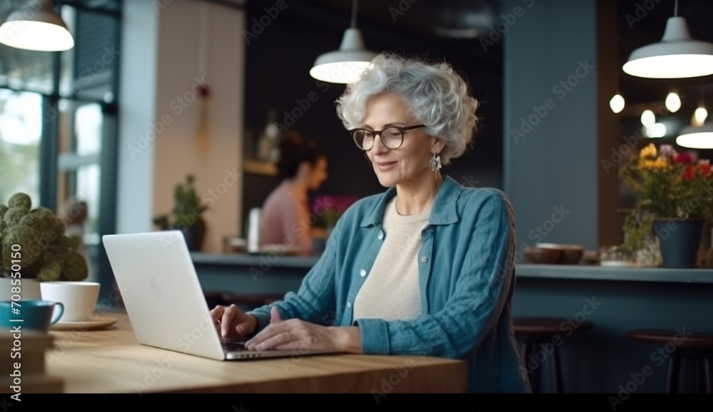 Confident Senior Woman Using Laptop in Cafe Confident Senior Woman Using Laptop in Cafe