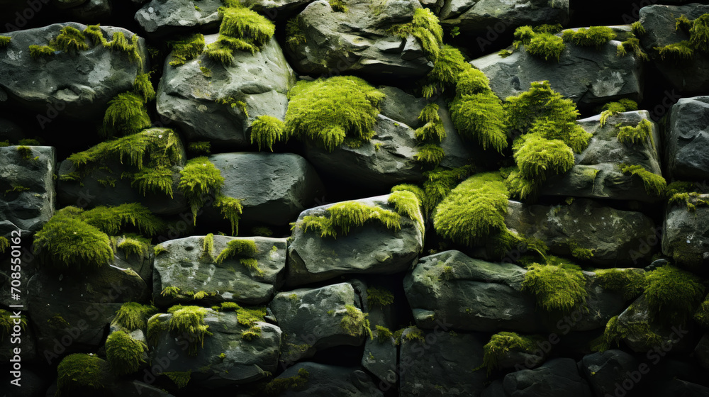 Professional closeup photo of a stone softened by a blanket of bright green moss. Contrasting background. Generative AI