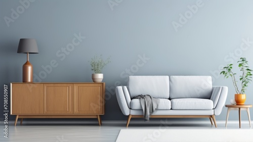Modern living room wooden buffet with sofa and blue wall.wall Art , Poster , Interior Design , illustration , Wallpaper , 