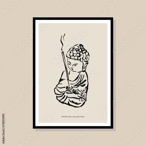 Minimal black and white ink Buddha illustration. Poster design for wall art gallery, banners, social media