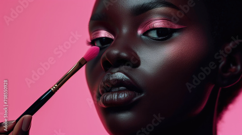 Close-up of the face of a young dark skin woman applying blush or powder to her face with a brush. Beauty shot. photo