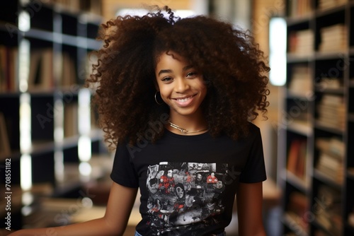 Portrait of a smiling young woman with frizzy hair in a library