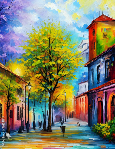 Old City oil painting art with colorful trees blue sky and sun for home decoration.