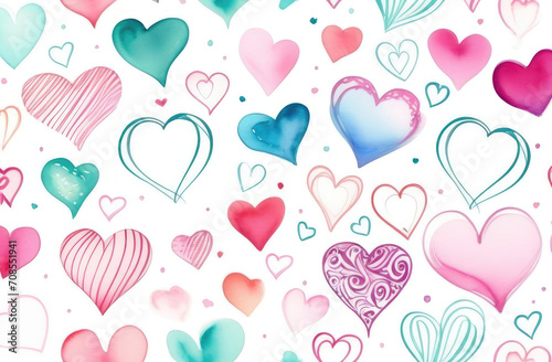 Hand drawn hearts and love signs romantic seamless pattern. Isolated drawn multi-colored repeating patterns on a white background. Cute doodle heart style seamless pattern on white background