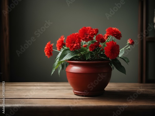bouquet of red flowers in a pot on wooden table. red flowers in a vase