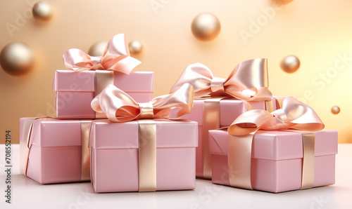 Gift boxes with ribbons on a blurred background.