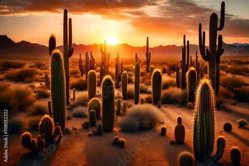 A cactus-filled desert landscape, with the spiky plants standing tall against a vibrant sunset, depicting the harsh yet beautiful desert environment. photo