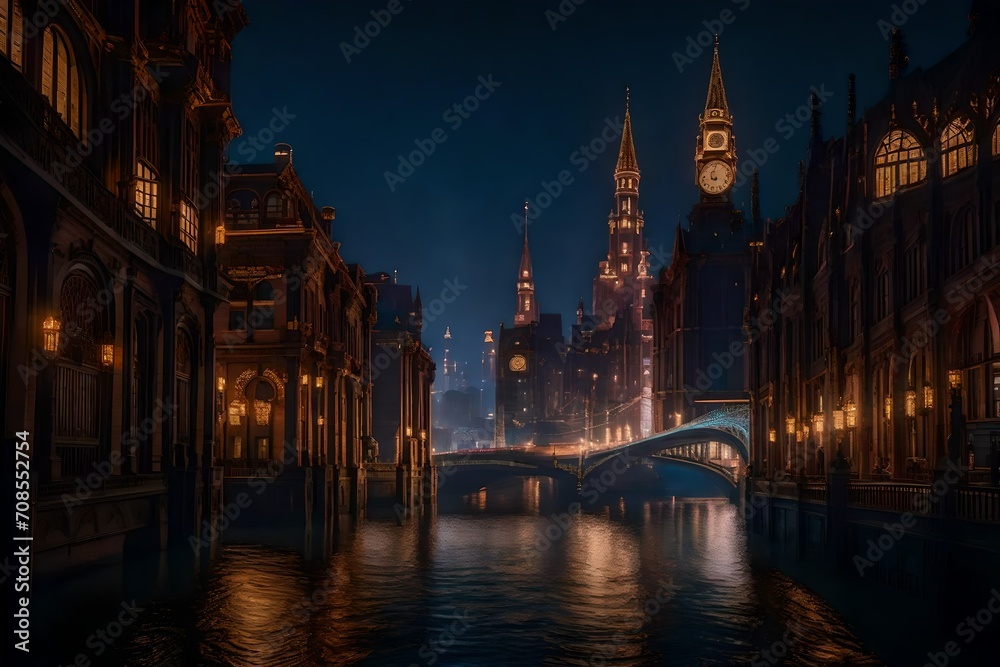 A steampunk-inspired cityscape, where Victorian-era architecture meets futuristic inventions, with airships soaring between towering clock towers and ornate iron bridges spanning wide canals.