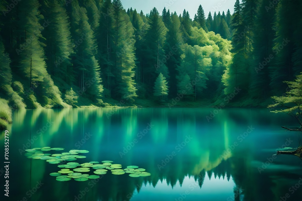 A tranquil lake with gradient colors of blue and green, surrounded by a dense forest.