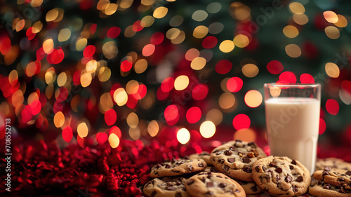 Festive Christmas Delights: Chocolate Chip Cookies and Milk with Blurred Lights, Horizontal Poster or Sign with Open Empty Copy Space for Text 
