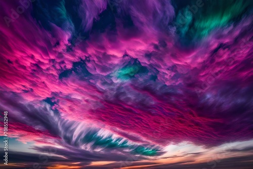 A breathtaking display of iridescent clouds in shades of magenta, emerald, and sapphire, dancing across the heavens. © mohsin