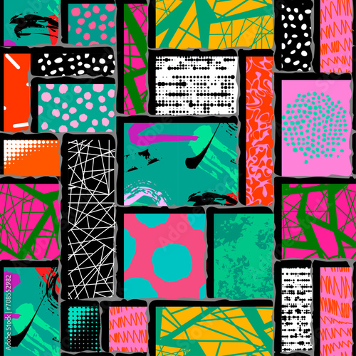 Colorful seamless pattern with collage art texture. Modern contemporary art background, triangles geometric shape hand drawn print, maximalist patchwork paint