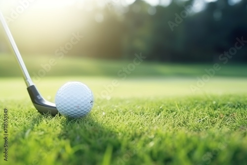 a close-up of a golf club hitting a golf ball at the moment of impact, golf ball on grass