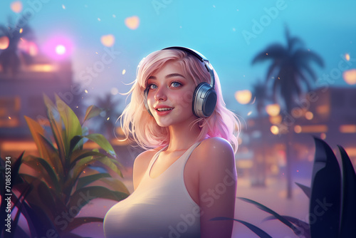Young adult blonde woman in tank top with headphones enjoying a dusk summer party among palm trees, embodying a cheerful holiday leisure concept.