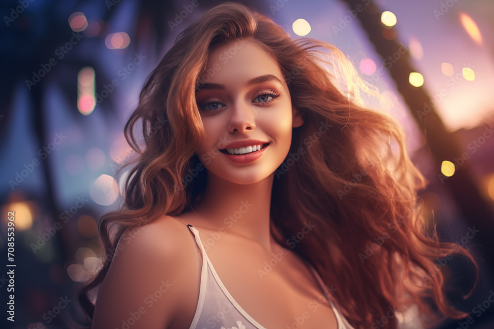 Beautiful young blonde woman with a joyful smile enjoying an outdoor summer vacation dance party among palm trees in dusk lighting, exuding carefree tropical vibes.