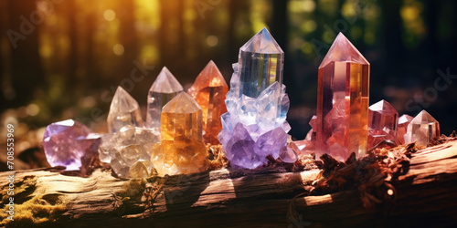 A row of colorful, transparent crystals in a natural setting, showcasing their beauty and geological charm. photo