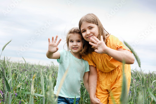 Two little girls hugging each other on a summer field photo