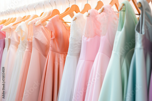 Many elegant pastel color formal dresses for sale in luxury modern shop boutique. Prom gown, wedding, evening, bridesmaid dresses dress details