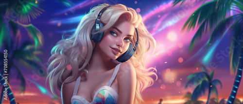 Young DJ blonde woman wearing headphones, enjoying music at a lively summer vacation dance party amidst palm trees in dusk lighting, depicting a festive tropical atmosphere.