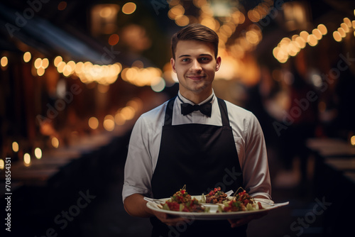 portrait of a waiter serving a dish in a restaurant, bokeh background