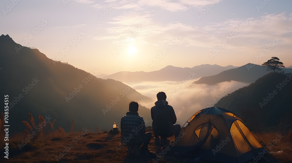 Asia teenagers who be friends, going to do a camping, pitch a tent, enjoy their coffee in early morning, all looking forward to see early morning sunset that slowly rise up behide mountain. - obrazy, fototapety, plakaty 