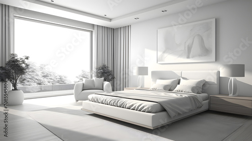 Modern home interior. Modern minimalist bedroom ideas. Ambient Occlusion is the simulation of shadows between objects in the scene.  white and black.