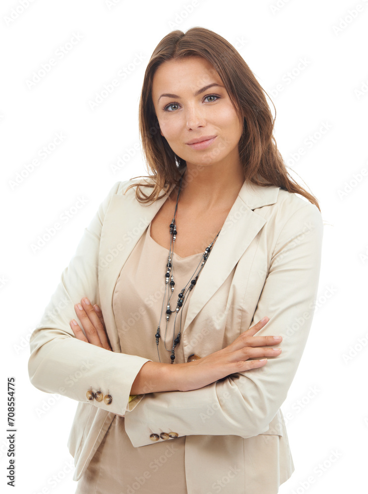 Happy woman, portrait and professional in confidence or business fashion on a white studio background. Face of young attractive female person or brunette employee in career ambition with arms crossed Happy woman, portrait and professional in confidence or business fashion on a white studio background. Face of young attractive female person or brunette employee in career ambition with arms crossed