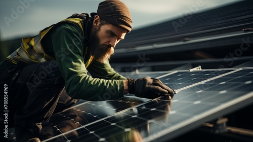 Solar array is installed on a rooftop with a solar technician on it, in the style of dark emerald and gray, constructivist inspiration, uhd image, solapunk, use of earth tones, website, skillful.